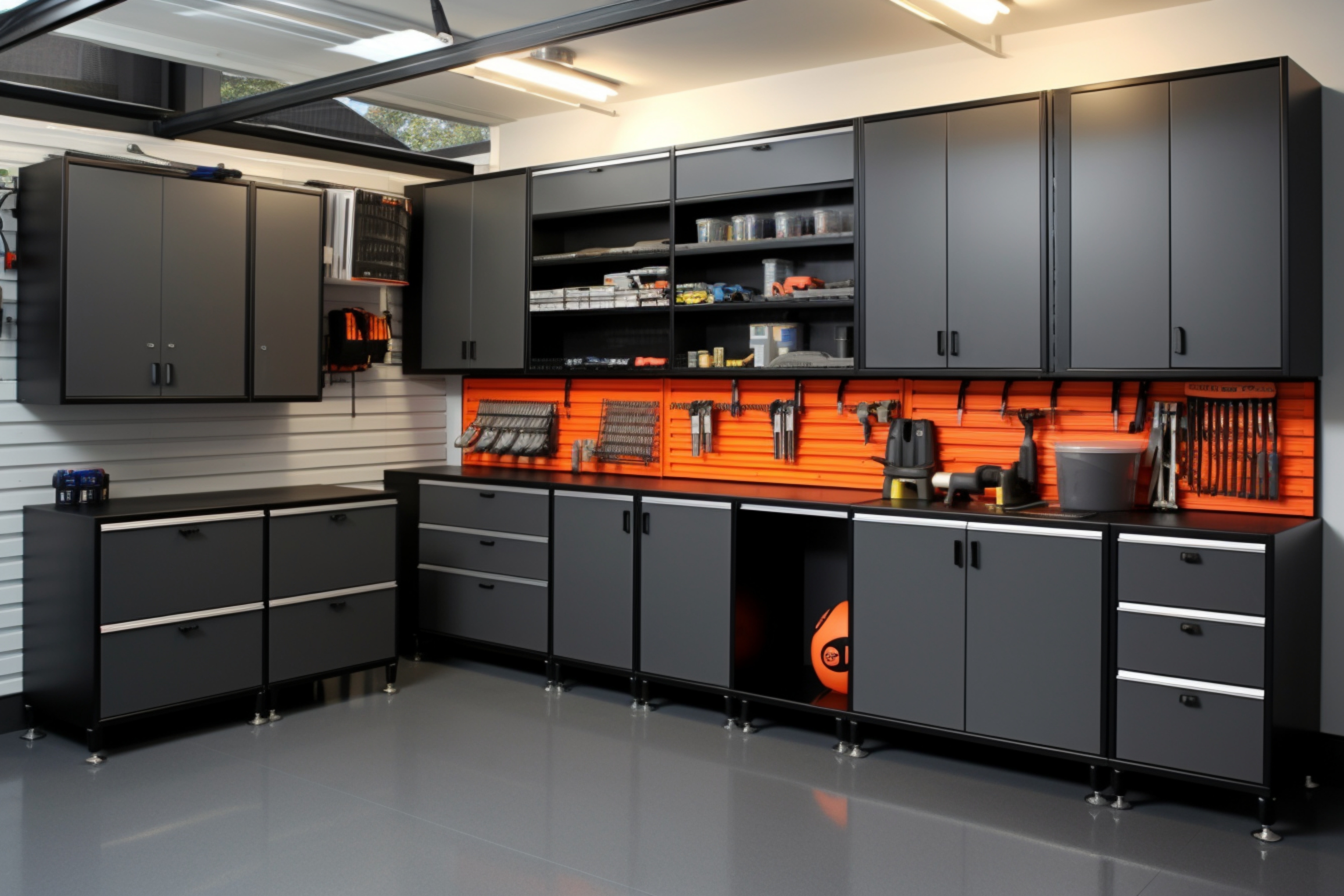 Modern garage with gray cabinets, orange tool wall and epoxy floor